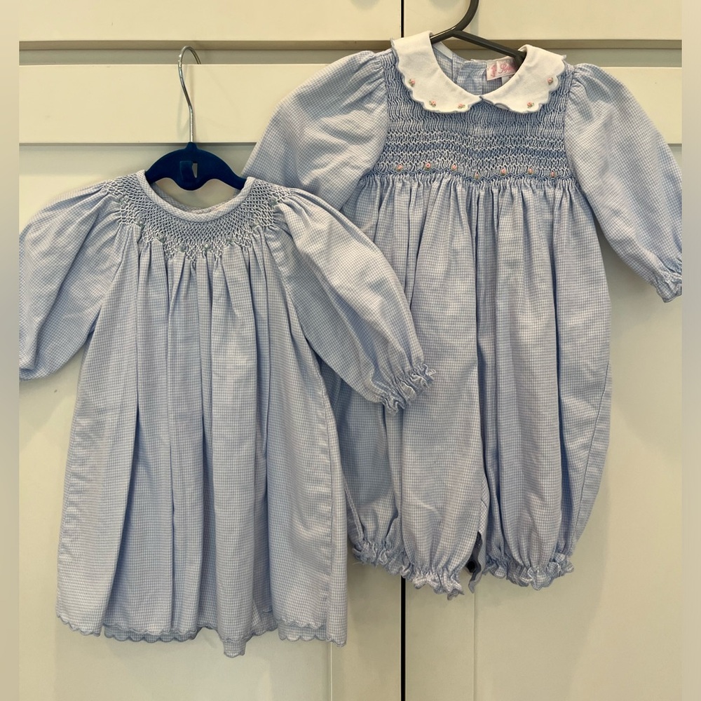 Two pale blue gingham smocked items. Size 3M